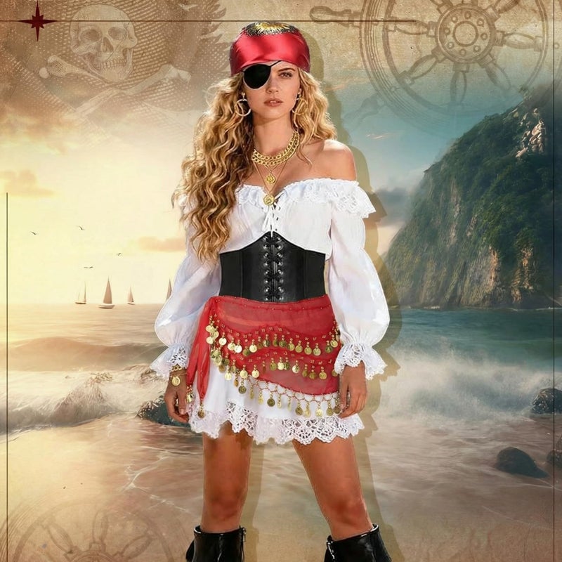 Berlune 54 Pcs Pirate Costume Accessory for Women Captain Pirate Costume Belly Dance Hip Scarf Bandana Necklace Hair Jewelry(Red) - Image 5