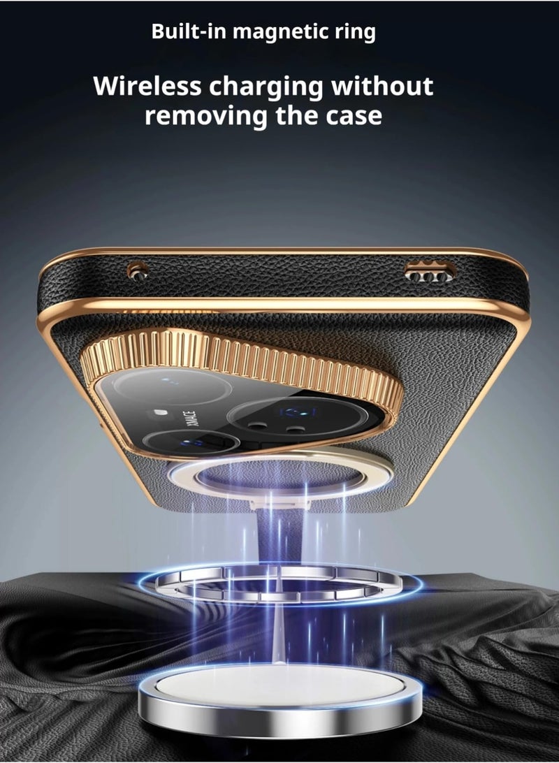 general Magnetic Case for Huawei Pura 80 Ultra 5G, Premium Leather Case with Hand Strap Wristband, 360° Rotatable Ring Stand Shockproof Back Cover with Lens Protector - Image 4