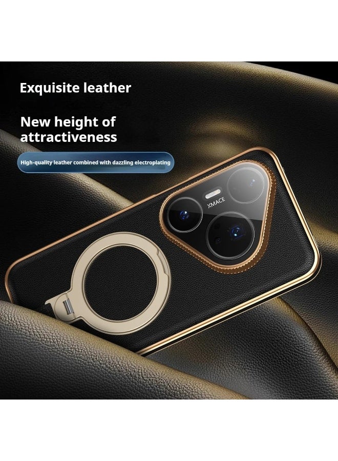 general Magnetic Case for Huawei Pura 80 Ultra 5G, Premium Leather Case with Hand Strap Wristband, 360° Rotatable Ring Stand Shockproof Back Cover with Lens Protector - Image 3