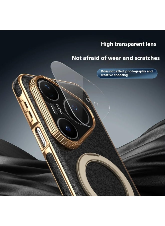 general Magnetic Case for Huawei Pura 80 Ultra 5G, Premium Leather Case with Hand Strap Wristband, 360° Rotatable Ring Stand Shockproof Back Cover with Lens Protector - Image 2