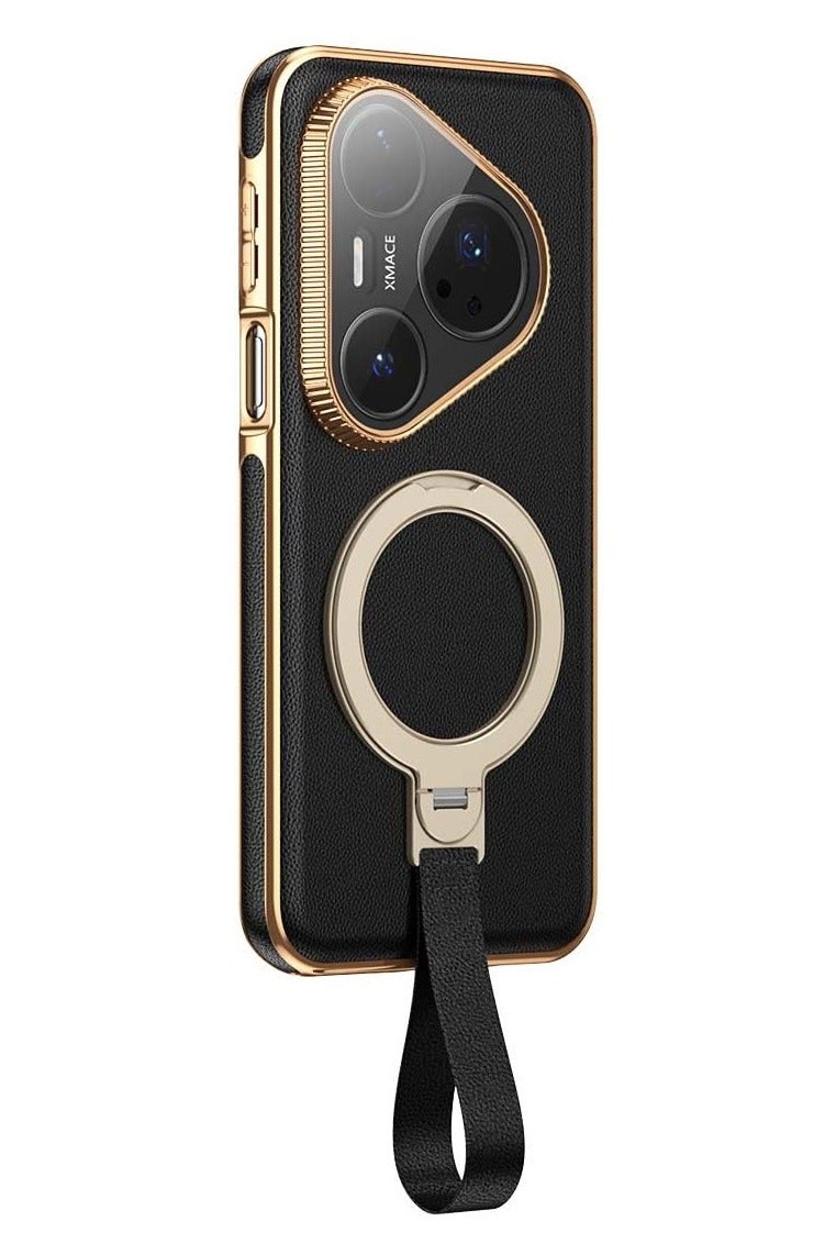 general Magnetic Case for Huawei Pura 80 Ultra 5G, Premium Leather Case with Hand Strap Wristband, 360° Rotatable Ring Stand Shockproof Back Cover with Lens Protector - Image 1