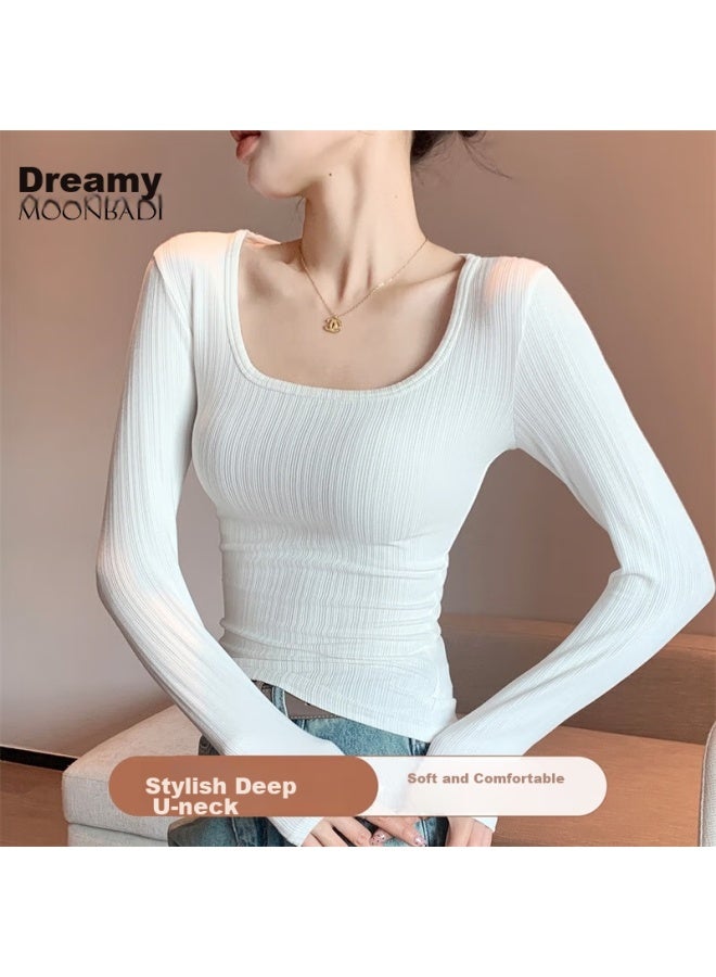 Moonbadi Mengbadi Women's Summer Thin Underwear, Ladies' Base Layer, Retro Large U-neck, Slim-fit, Slimming, Inner Wear, Can Be Worn As Outerwear, Long Sleeve - Image 1