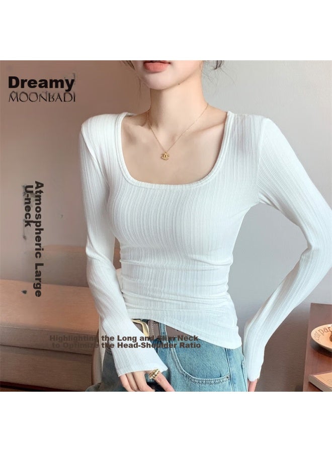 Moonbadi Mengbadi Women's Summer Thin Underwear, Ladies' Base Layer, Retro Large U-neck, Slim-fit, Slimming, Inner Wear, Can Be Worn As Outerwear, Long Sleeve - Image 2