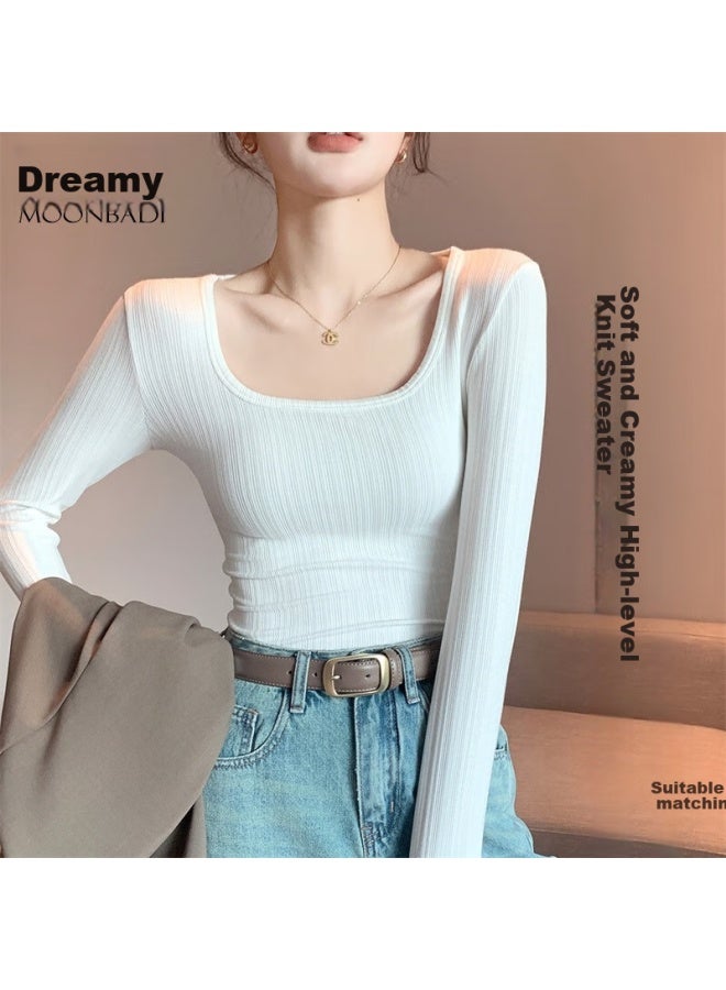 Moonbadi Mengbadi Women's Summer Thin Underwear, Ladies' Base Layer, Retro Large U-neck, Slim-fit, Slimming, Inner Wear, Can Be Worn As Outerwear, Long Sleeve - Image 3