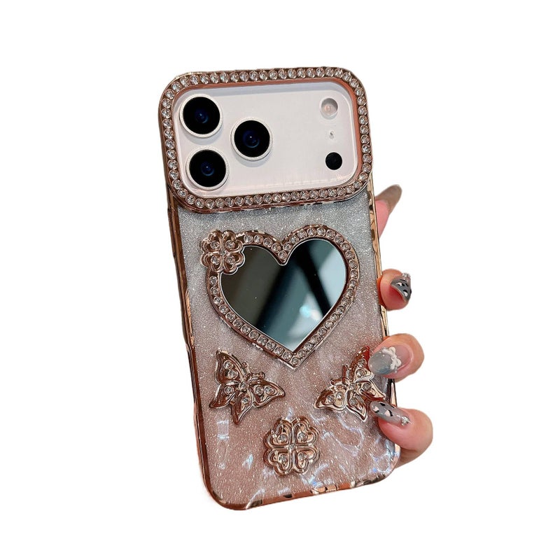 iPhone 12 TPU Protective with 3D Love Heart Pattern and Glitter Sparkle in Gold with Easy Storage - Image 1
