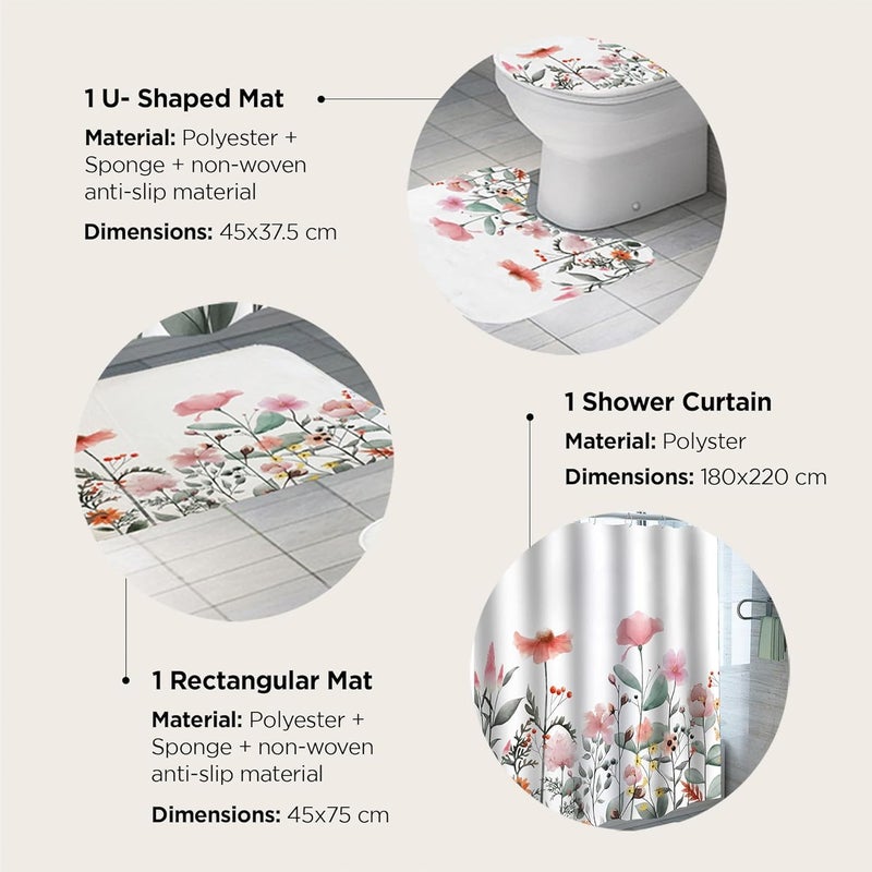 Kuber Industries 7 Feet Shower Curtain & 2 Pcs Bathmat I Anti Slip I Quick Dry I Waterproof I Easy-Slide Curtains I Bath Decor I Multicolour - Image 3