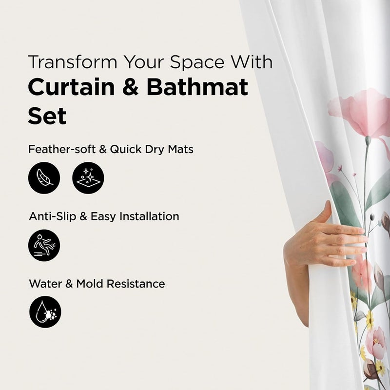 Kuber Industries 7 Feet Shower Curtain & 2 Pcs Bathmat I Anti Slip I Quick Dry I Waterproof I Easy-Slide Curtains I Bath Decor I Multicolour - Image 2