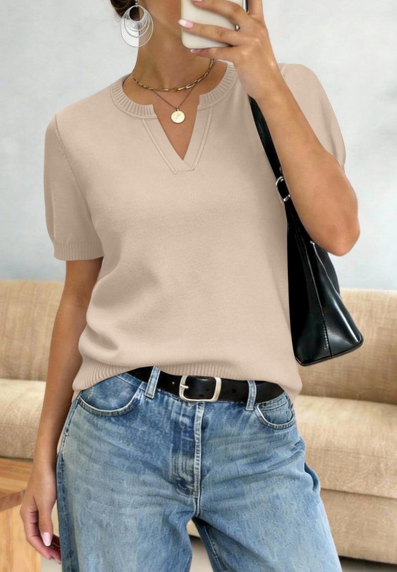 WIHOLL Summer Womens Sweaters Short Sleeve Sweater for Women 2026 Spring Tops for Women School Outfits Fashion Clothing Dressy Casual Business Casual Tops Trendy Vacation Apricot L - Image 3