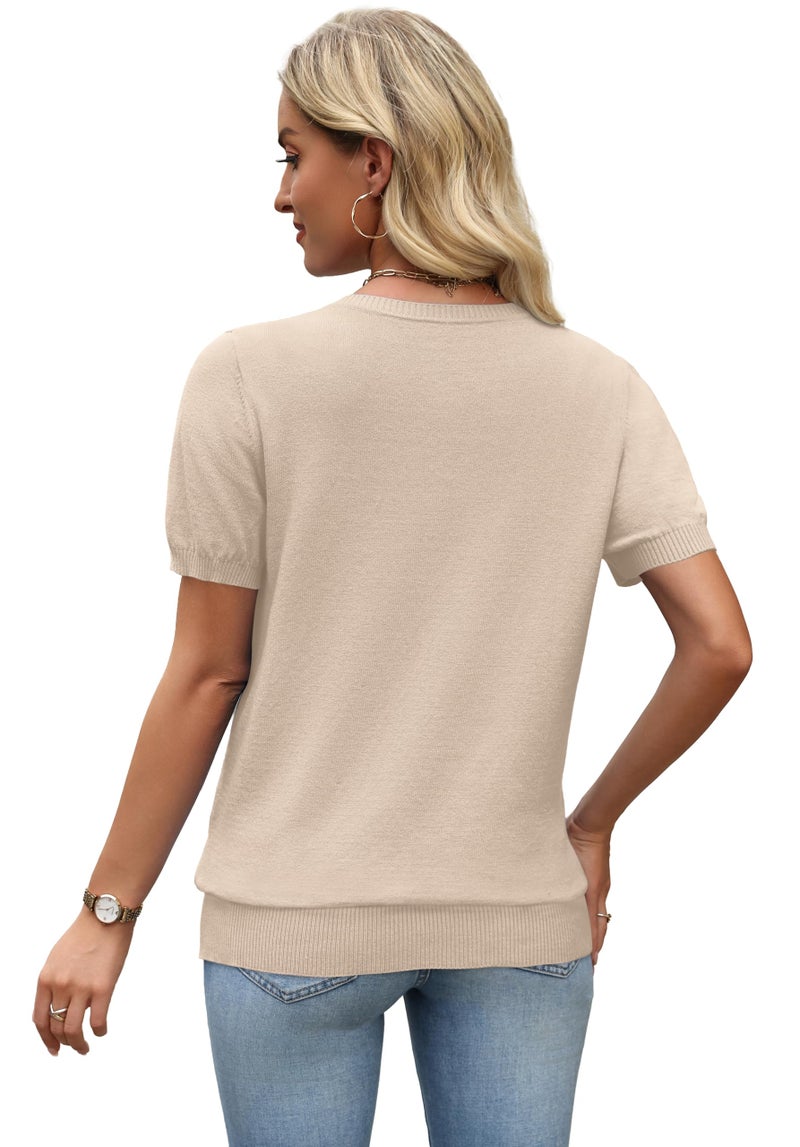 WIHOLL Summer Womens Sweaters Short Sleeve Sweater for Women 2026 Spring Tops for Women School Outfits Fashion Clothing Dressy Casual Business Casual Tops Trendy Vacation Apricot L - Image 5