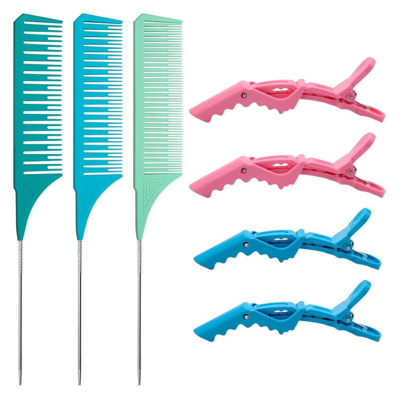 3 PCS Highlighting Combs with 4PCS Alligator Clips Catcan Weaving Combs for Highlighting Professional Styling Weaving Rat Tail Combs Set for Barbershop Home Hair Salon