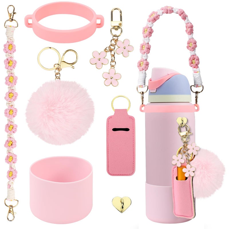SLEILIN Compatible for Owala Accessories Bundle: Silicone Boot for 24oz & 32oz Bottles, Charms, Handle, Strap, Rubber Bottoms, and Decorative Add-ons for Your Compatible for Owala Water Bottle, Pink - Image 1