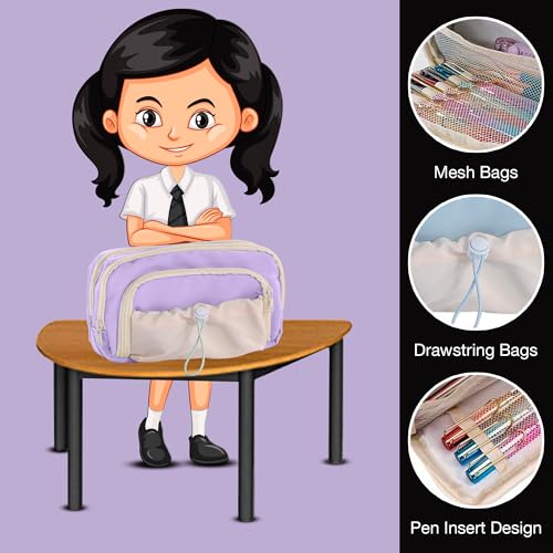 Lyrovo Pouch for School Girls and Boys Pencil Case with Mesh Compartments and Adjustable Drawstring Pocket (Purple) - Image 4