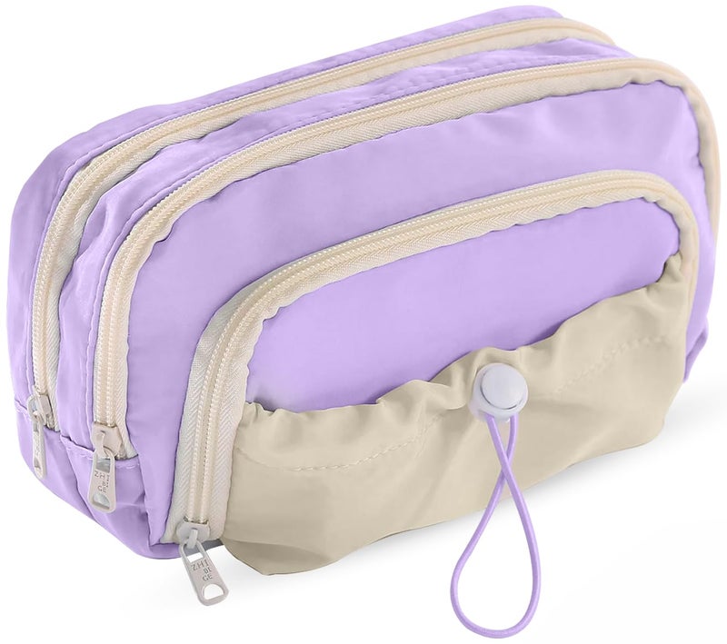 Lyrovo Pouch for School Girls and Boys Pencil Case with Mesh Compartments and Adjustable Drawstring Pocket (Purple) - Image 1
