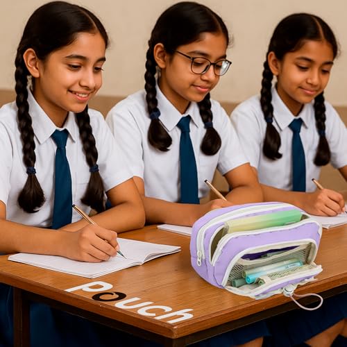 Lyrovo Pouch for School Girls and Boys Pencil Case with Mesh Compartments and Adjustable Drawstring Pocket (Purple) - Image 5