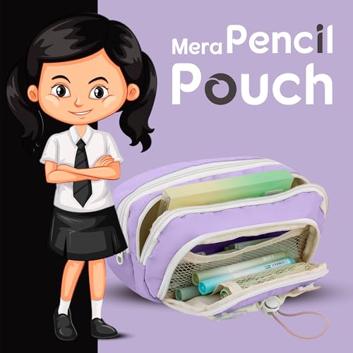 Lyrovo Pouch for School Girls and Boys Pencil Case with Mesh Compartments and Adjustable Drawstring Pocket (Purple) - Image 2