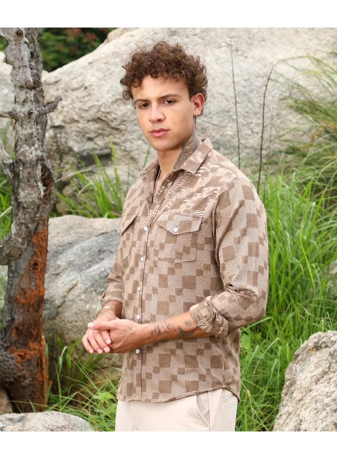 Men's Chocolate Brown Cubic Utility Shirt For Casual Wear | Spread Collar | Long Sleeve | Button Closure | Shirt Crafted With Comfort Fit For Everyday Wear