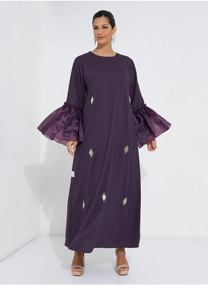 Rosette Abaya Stylish Embroidery Abaya With Organza Sleeves