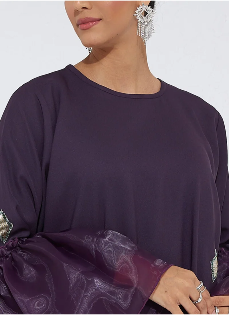 Rosette Abaya Stylish Embroidery Abaya With Organza Sleeves