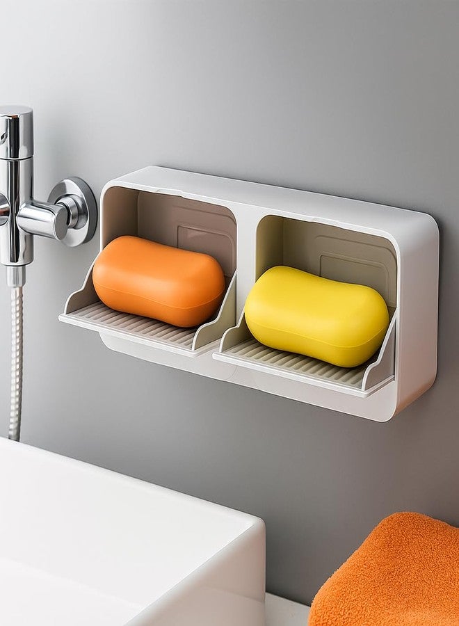 Biltoxi Wall Mounted Soap Box with Lid | Double Layer Soap Holder with Drain Tray | Bathroom Shower Soap Dish Rack for Wash Basin & Kitchen - Image 1