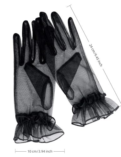 QRBTSCL Women's Short Mesh Gloves Ruffled Tulle Wedding Party Gloves Short Prom Evening Glove Black - Image 2