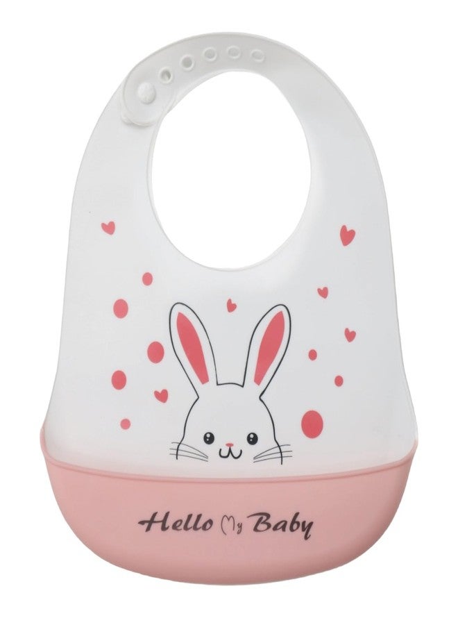 Yellow Bee Silicone Bunny Print Bib with Crumb Catcher and Adjustable Closure for Girls, White and Pink, 6-36 Months - Image 1