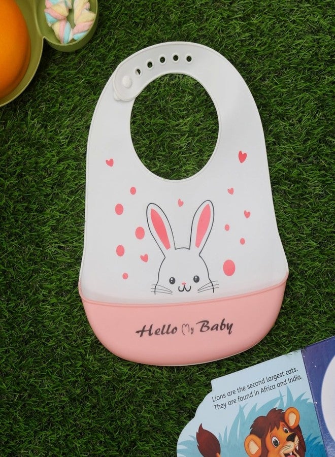 Yellow Bee Silicone Bunny Print Bib with Crumb Catcher and Adjustable Closure for Girls, White and Pink, 6-36 Months - Image 2