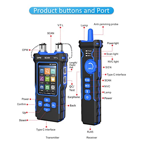 NOYAFA NF-8508 Network Cable Tester with Optical Power Meter, CAT5 CAT6 Cable Toner Ethernet Cable Tester, RJ45 Network Tester, VFL PoE QC Test Wire Tracer Port Flashing 200M Length Test - Image 4
