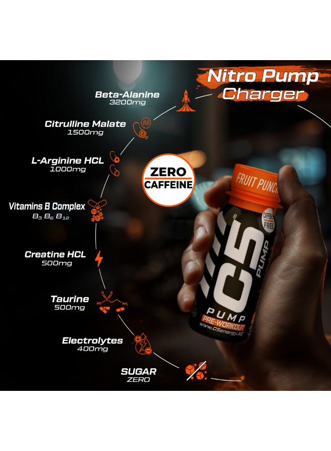 C5 PUMP Shot Pre-Workout Drink, Caffeine-Free, Sugar-Free, 80ml, With Beta-Alanine 3200mg, Citrulline 1500mg, B-Complex Vitamins (Pack of 12, Fruit Punch) - Image 3