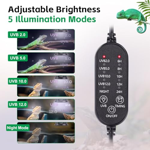 Hygger zoo UVB Light for Reptiles, UVA UVB Reptile Light Fixture with Timer LED UVB Bulb for Bearded Dragon Gecko Turtle Chameleon Lizard Snake, Adjustable Brightness UVB Lamp for Reptile Tank Accessories, Black - Image 2