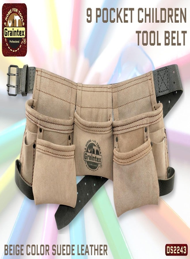 Graintex DS2243 :: 9 Pocket Children Tool Belt Beige Color Suede Leather, Kids Real Tool Belt, Boys and Girls Tool Apron for Home Improvement, 1.1/2" Leather Belt, Hammer Loops - Image 2