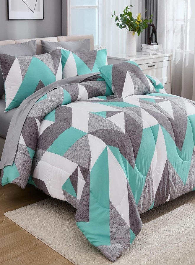 Bedbay طقم لحاف Bedbay باللون الرمادي المائل للأزرق، مقاس كوين، مع ملاءات، 8 قطع، طقم سرير كوين متكامل، تصميم عصري بنقشة هندسية متعرجة، فاخر، يتضمن: لحاف واحد، 4 أغطية وسائد، ملاءة مسطحة واحدة، ملاءة مثبتة واحدة، غطاء وسادة واحد. - Image 5