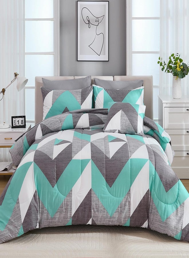 Bedbay طقم لحاف Bedbay باللون الرمادي المائل للأزرق، مقاس كوين، مع ملاءات، 8 قطع، طقم سرير كوين متكامل، تصميم عصري بنقشة هندسية متعرجة، فاخر، يتضمن: لحاف واحد، 4 أغطية وسائد، ملاءة مسطحة واحدة، ملاءة مثبتة واحدة، غطاء وسادة واحد. - Image 2