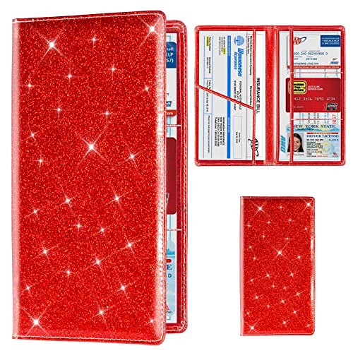 TOURSUIT Car Registration and Insurance Card Holder Vehicle License Document Glove Box Compartment Organizer Interior Car Accessories for Women Men Glitter Red - Image 1