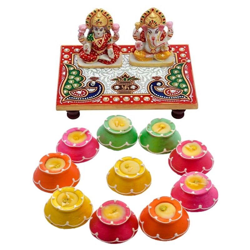 STLYZ Special Diwali Gift Combo of Marble Laxmi Ganesha Idol Showpiece with 10 pcs Matki DiyaHandi Wax Clay Diya for Diwali Gift Hamper Deepawali Corporate Gift Set Gift Diwali Hampers Pack
