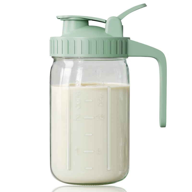 Breast Milk Pitcher Mason Jar 32 oz Heavy Duty Wide Mouth Jar with Green Flip Cap Lid and Pour Spout Airtight Seal for Freshness and Convenience Great for Cold Beverages and Home Entertaining
