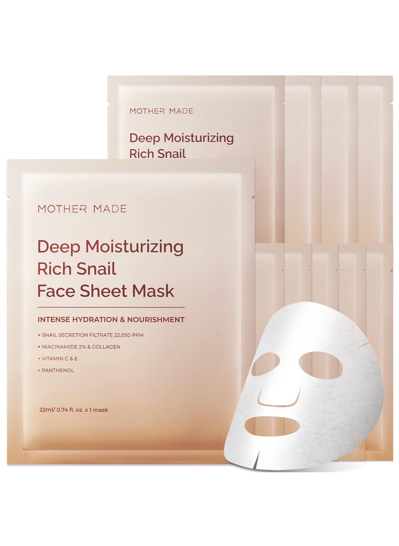 MOTHER MADE Moisturizing Antiaging Snail Mucin Face Masks 10 EA with Collagen Niacinamide 2 Squalane Face Masks for Dry Sensitive Skin Travel Essentials Self Care Korean Skincare 