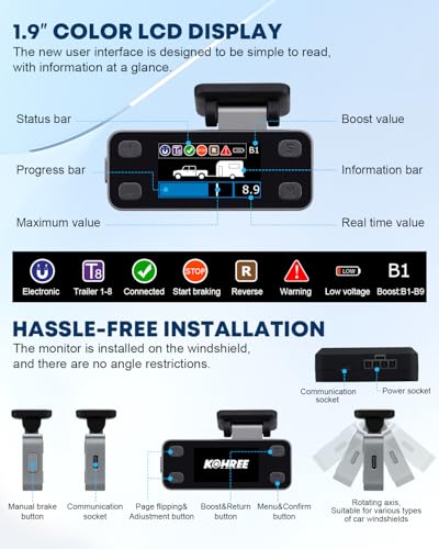 Kohree Upgraded Trailer Brake Controller Kit, Split Design, LCD Screen, Smart Chip, Proportional Braking, Electric Brake Controller for Trailers with 1-4 Axles - Image 4