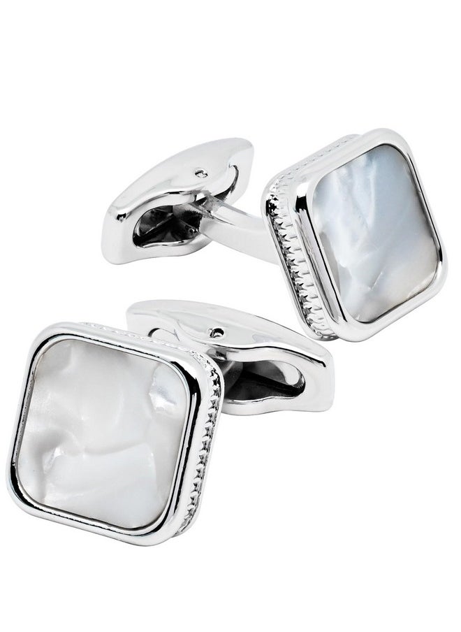 Jonwo Silver Natural Mother Of Pearl Cufflinks For Men Women In Gift Case Square Men'S Cufflinks Jewelry Set For Wedding Party Anniversary Business Events Dress  - Image 1