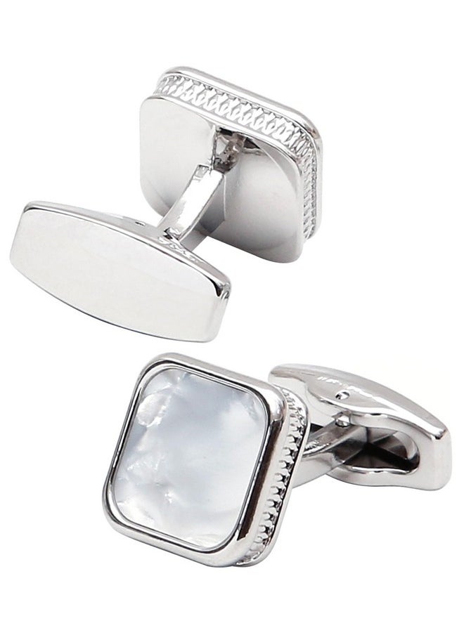 Jonwo Silver Natural Mother Of Pearl Cufflinks For Men Women In Gift Case Square Men'S Cufflinks Jewelry Set For Wedding Party Anniversary Business Events Dress  - Image 4
