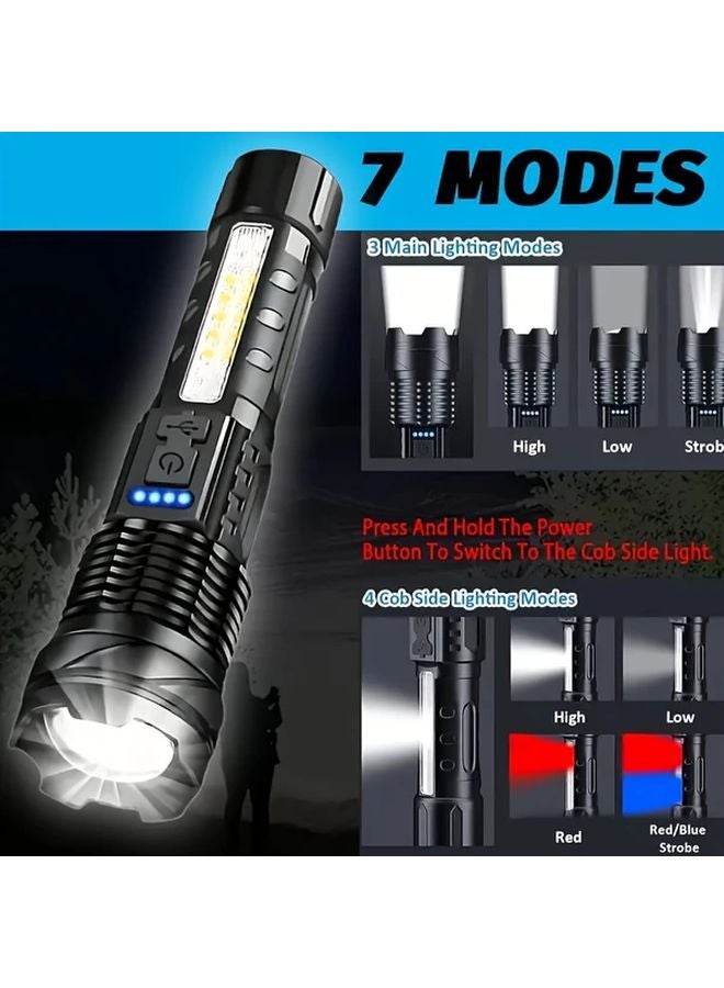 Black Rechargeable LED Flashlight High Intensity 7 Modes With Red Side Light And Clip For Outdoor Camping Emergency Survival - Image 5
