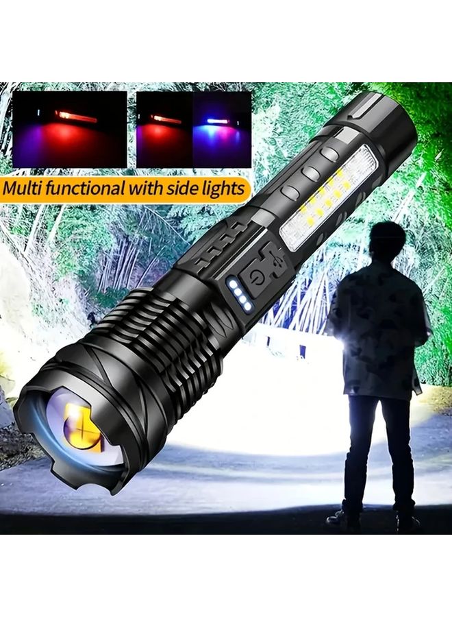 Black Rechargeable LED Flashlight High Intensity 7 Modes With Red Side Light And Clip For Outdoor Camping Emergency Survival - Image 2