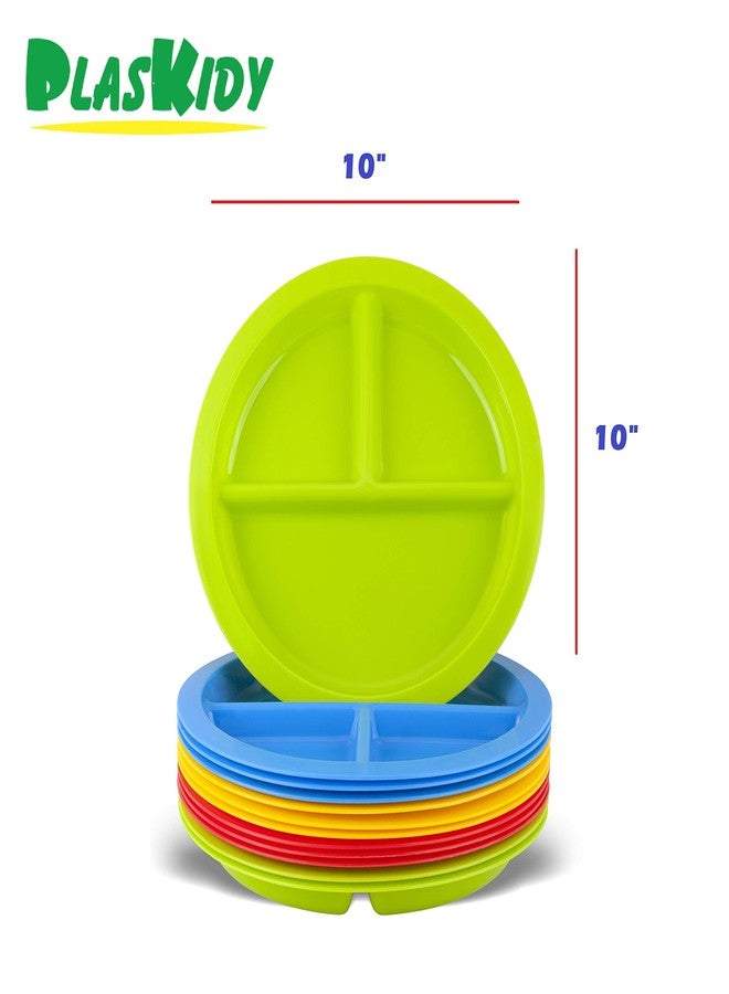 Plaskidy 3 - Compartment Divided Plates for Kids - Set of 12 Plastic Children Trays for Eating with Dividers - 4 Bright Colors (3 of Each Color) Dishwasher Microwave Safe BPA Free for Toddler and Kids - Image 2