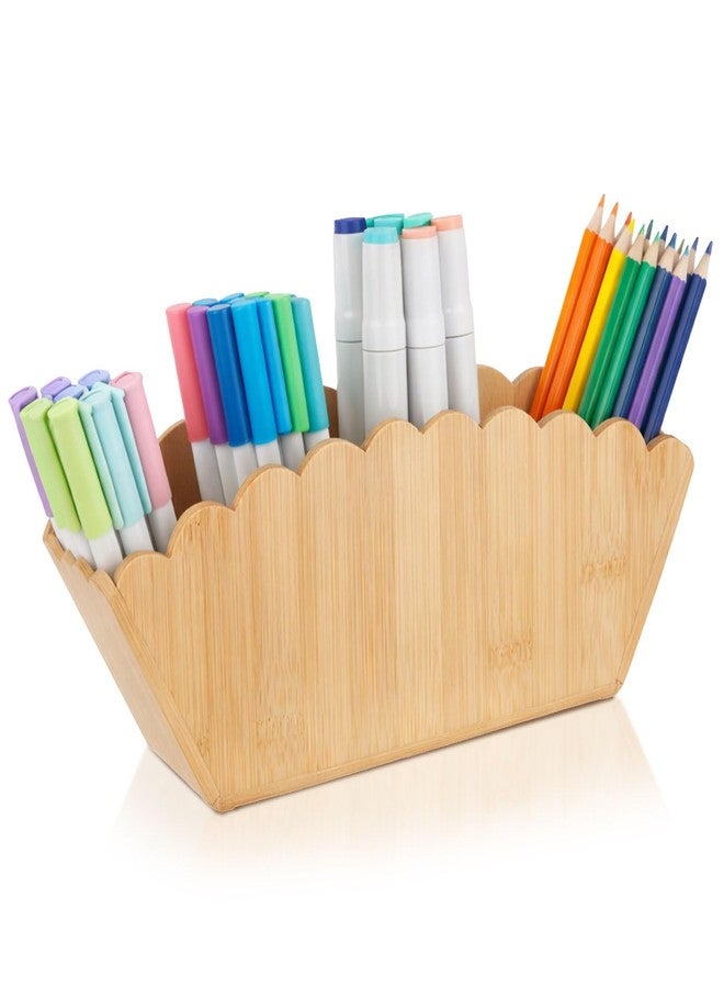 Jetec Scalloped Bamboo Wooden Pencil Holder, Desk Holder with 4 Slots for Desk Organizer Makeup Brushes Pens and Remote Storage Organizer for Office Bathroom - Image 1