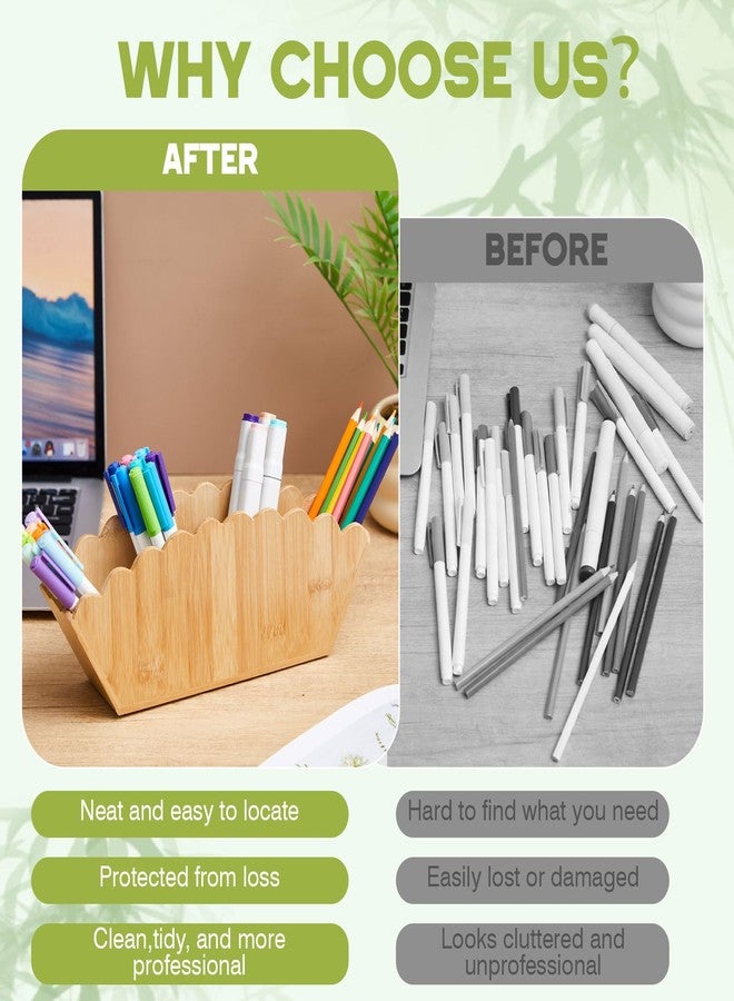 Jetec Scalloped Bamboo Wooden Pencil Holder, Desk Holder with 4 Slots for Desk Organizer Makeup Brushes Pens and Remote Storage Organizer for Office Bathroom - Image 5