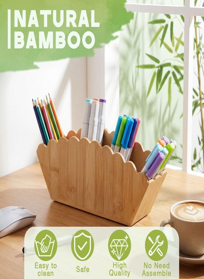 Jetec Scalloped Bamboo Wooden Pencil Holder, Desk Holder with 4 Slots for Desk Organizer Makeup Brushes Pens and Remote Storage Organizer for Office Bathroom - Image 4