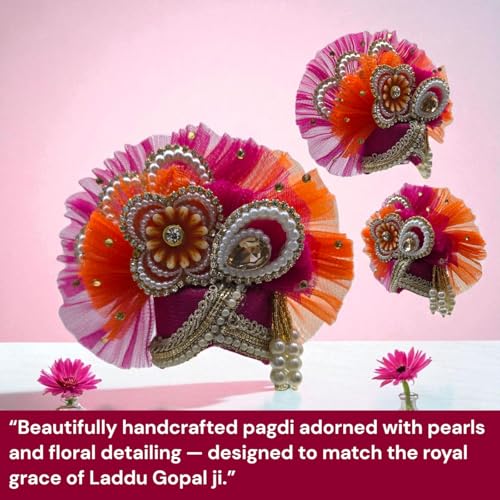 Vrindavanstore.in Premium Orange & Pink Laddu Gopal Poshak | Patch Work Poshak with Includes Pagdi, Patka & Choli Suitable for Bal Gopal | Ideal for Janmashtami,Shawan & Raksha Bandhan (Size 04) - Image 4