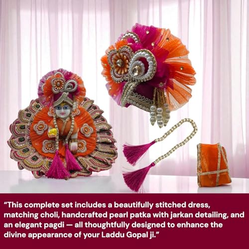 Vrindavanstore.in Premium Orange & Pink Laddu Gopal Poshak | Patch Work Poshak with Includes Pagdi, Patka & Choli Suitable for Bal Gopal | Ideal for Janmashtami,Shawan & Raksha Bandhan (Size 04) - Image 2
