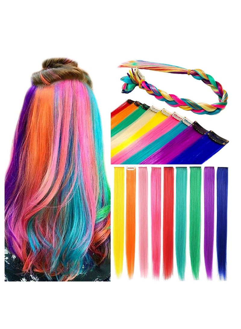 Estelle Girlish Colors Fashion Hair Accessories Clip In On Rainbow Wig Pieces for Amercian Girls and Teens Colored Hair Extension Party Highlight Multi Colors Hairpieces  9 Pieces - Image 1
