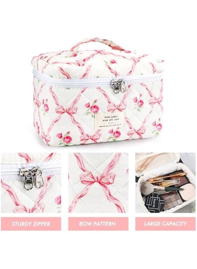 Cotton Quilted Makeup Bag for Women Extra Large Coquette Floral Travel Cosmetic Bag Aesthetic Cute Bow Makeup Pouch Portable Toiletry Bag Organizer Vintage Puffy Essential Storage Bag - Image 5