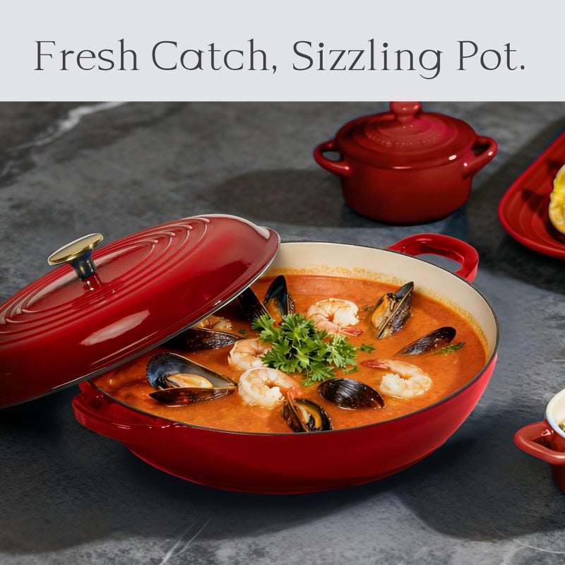 CAROTE 3.4QT Enameled Cast Iron Braiser Pan, Shallow Dutch Oven Casserole Skillets, Non-Toxic Cast Iron Pot with Lid for Grilling, Searing, Baking, Dual Handles, All Stovetop Compatible, Red - Image 4